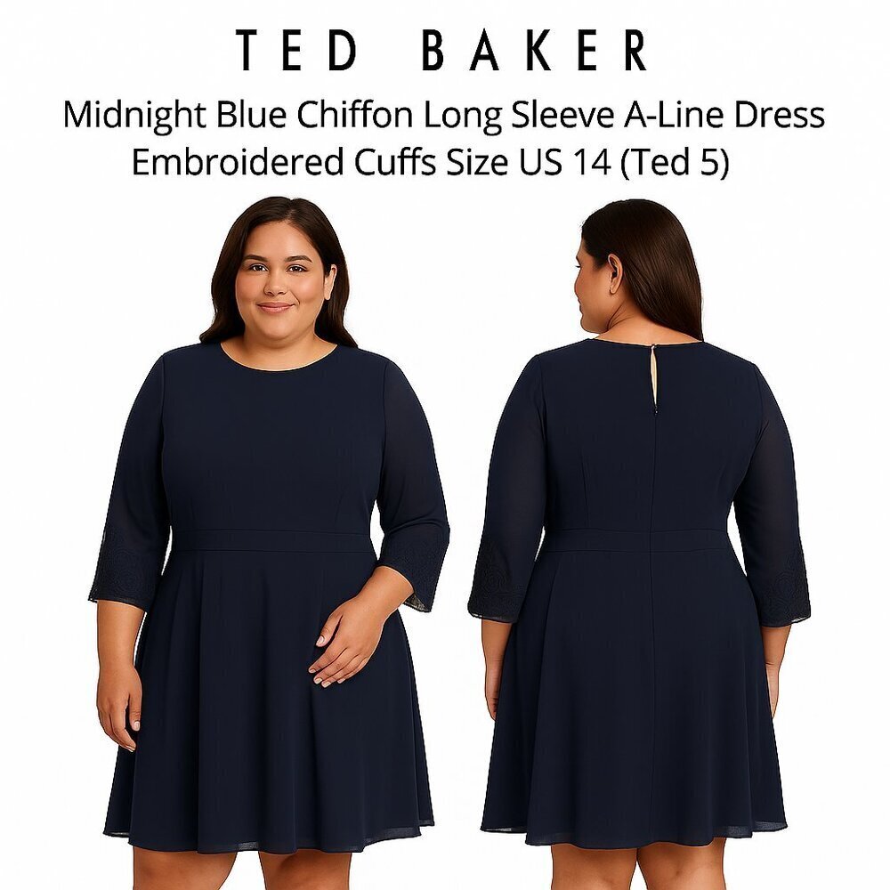 Ted Baker Midnight Blue Chiffon Long Sleeve A-Line Dress Embroidered Cuffs Sz14